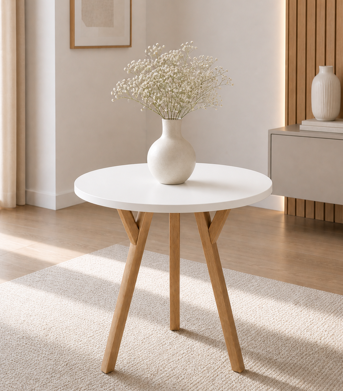 Stół York okrągły 80 cm, blat biały, nogi buk w kolorze dębu — zdjęcie 7